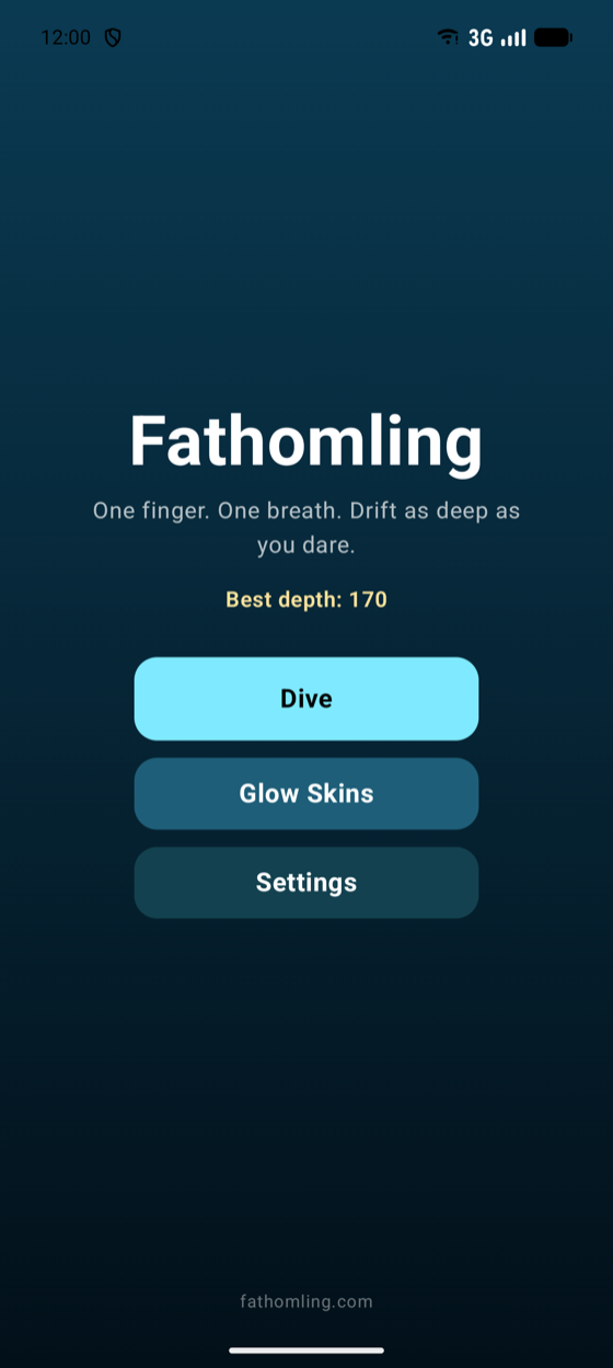 The Fathomling title screen on a phone, with a Dive button glowing cyan against dark blue water.