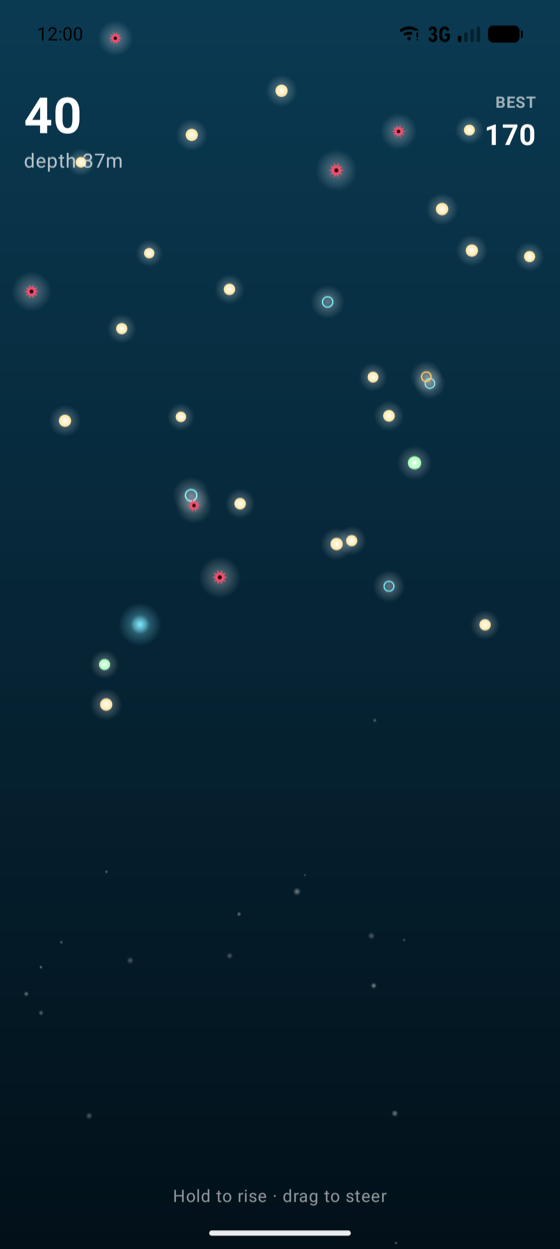 A run in progress at eighty-seven metres, the screen scattered with gold motes, pink urchins and cyan shield rings.