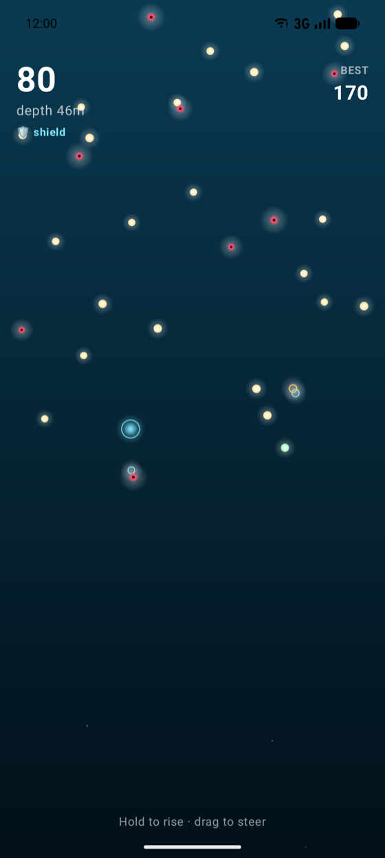 The orb ringed in cyan with a shield badge in the heads-up display, eighty points scored.