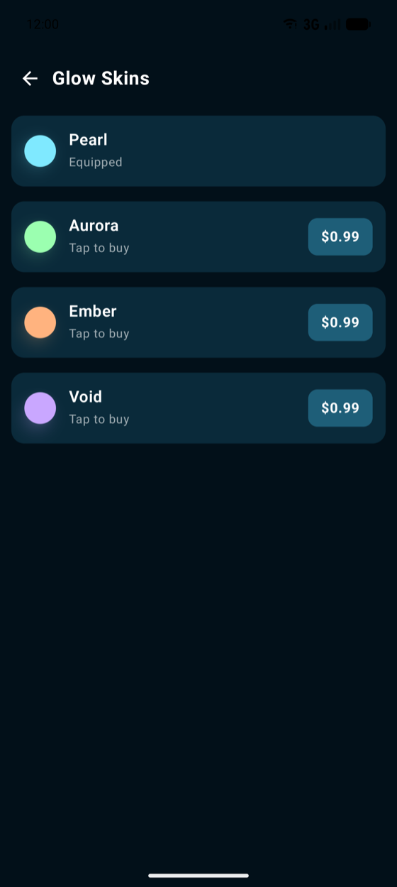 The Glow Skins list showing Pearl equipped, with Aurora, Ember and Void available at ninety-nine cents each.